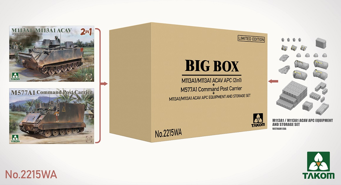 takom-2215wa-1-35-m113a1-m113a1-acav-and-m577a1-command-post-and-apc-equipment-storage-big-box Takom 2215WA – 1/35 M113A1/M113A1 ACAV and M577A1 Command Post and APC Equipment & Storage Big Box - Image 1