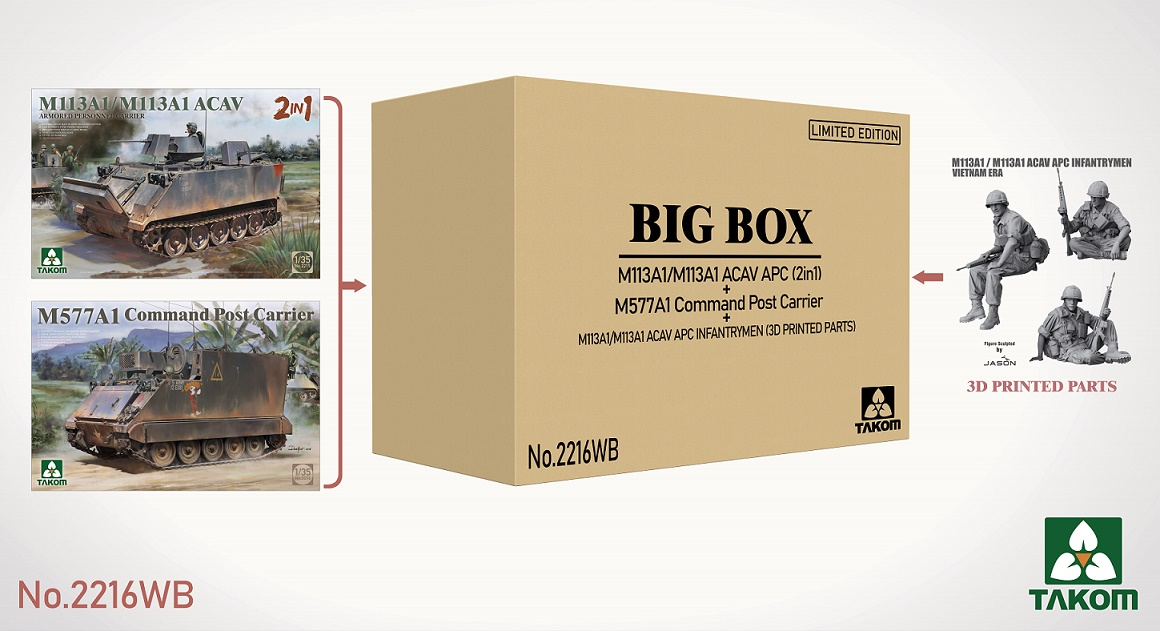 takom-2216wa-1-35-m113a1-m113a1-acav-and-m577a1-command-post-with-takom-2900-figure-set-big-box Takom 2216WA – 1/35 M113A1/M113A1 ACAV and M577A1 Command Post with Takom 2900 Figure Set Big Box - Image 1